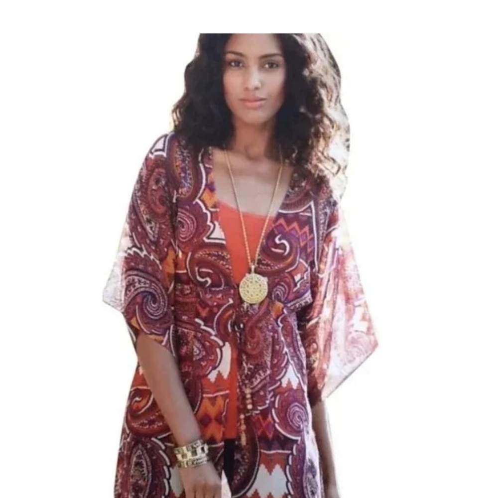 *CABI* Purple x Orange Sheer Paisley Tie-Front Kimono Topper